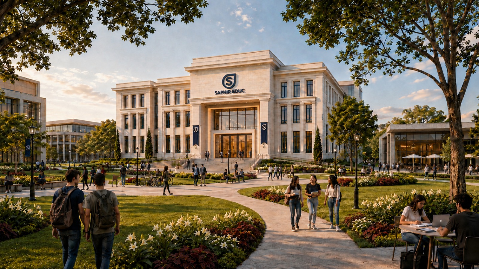 Sede institucional da Saphir Educ em um campus arborizado